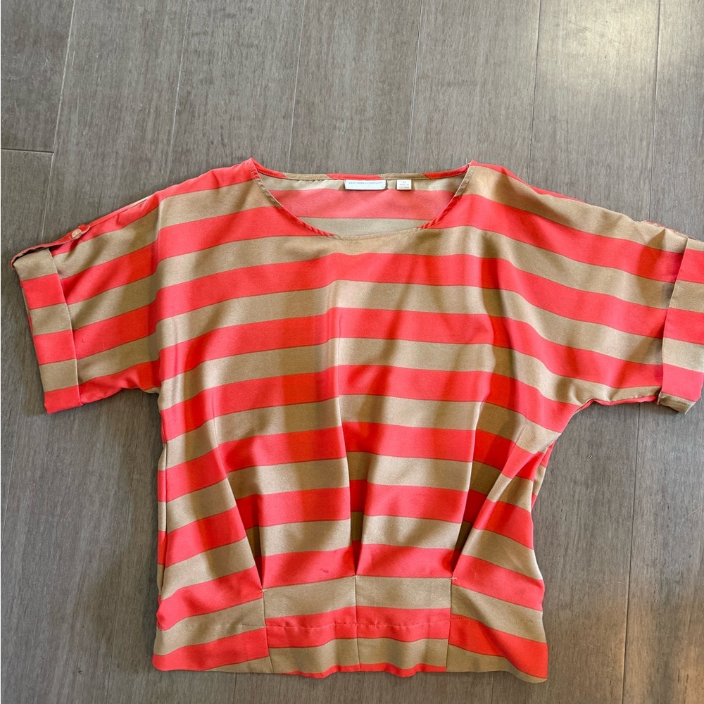 New York & Company Coral and Beige Striped Tee